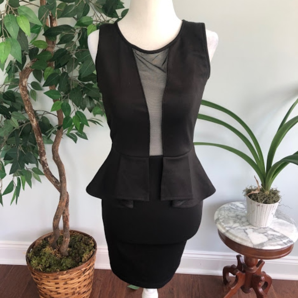 Black Mesh Inset Peplum Dress